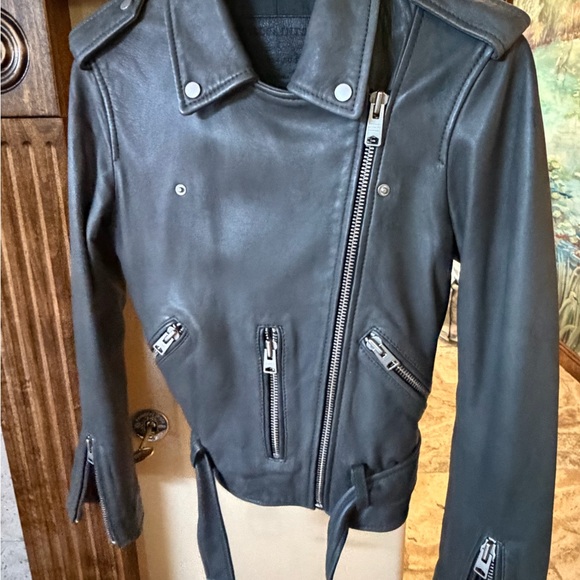 AllSaints Balfern leather biker jacket in grey - Picture 3 of 10